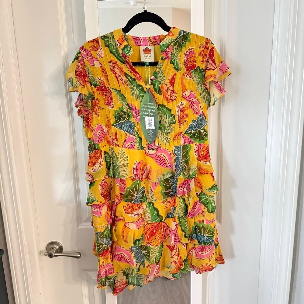 FARM Rio Tropical Leaf Print Ruffle Mini Dress Medium Short Sleeve Tiered